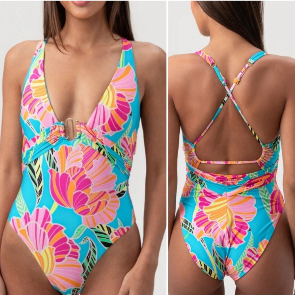 Trina Turk Blue And Pink Floral One Piece Swimsuit